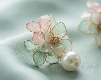 Pendientes de resina hechos a mano con forma de flor, pendientes de perlas rosas y verdes estilo hada, cierre de plata de ley 925, regalo de joyería para bodas y fiestas para mujeres y madres.
