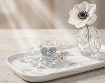 Blauwe bloemenparel strass haarspeld, handgemaakte bruidsspeld, Franse bruiloft haaraccessoire, haarstukje kristallen bloem 10 cm