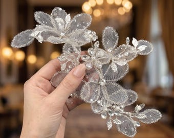 Luxe bruids mesh bloemenkam, strass parelbeige bruiloft hoofddeksel, handgemaakte sprankelende zijkam 7,5 inch