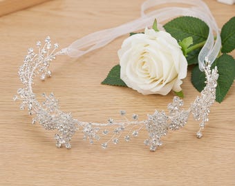Luxury Rhinestone Bridal Headband with Organza Ribbon, Handmade Silver Wedding Hair Accessory for Bride Bridesmaid Prom