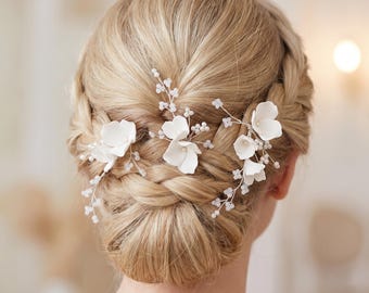 Handgemaakte polymeerklei bloem haarspelden set van 3, parel bruids haaraccessoires, U-vormige bruiloft haarvork voor opgestoken bruid bruidsmeisje
