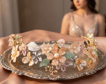 Diadema nupcial floral de perlas hecha a mano, accesorio para el cabello de boda boho con diamantes de imitación, tiara de graduación, halo rosa champán menta