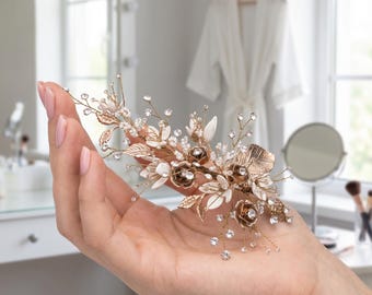 Handmade Champagne Gold Bridal Hair Comb, Luxury Crystal Wedding Headpiece, Rhinestone Bride Hair Accessory for Formal Event