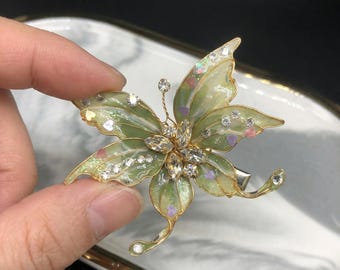 Pinza para el cabello de mariposa de resina verde hecha a mano, pasador para niña de las flores de boda, accesorio para el cabello de novia con diamantes de imitación