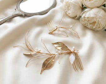 手作り樹脂パール花柄サイドコームセット、ブライダルヘアコーム2個セット、花嫁とブライズメイドのためのシャンパンウェディングヘアアクセサリー