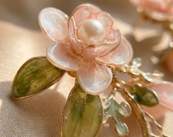 Pendientes de botón de resina hechos a mano con borlas florales, perlas rosas y verdes, chapados en oro de 14 quilates, joyería nupcial llamativa para mujer.