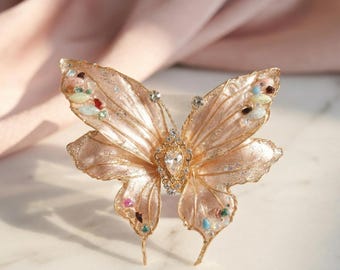 Pinza para el cabello con forma de mariposa color champán hecha a mano, horquilla nupcial de resina 3D, accesorio para bodas de niñas de las flores, tocado de cristal para graduación.