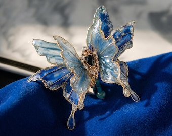 Pinza para el cabello con forma de mariposa azul hecha a mano 2 en 1, accesorio para el cabello de niña de las flores de resina, tocado nupcial, regalo para la fiesta de bodas