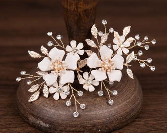 Franse vintage bruidshaarkam champagne gouden kristallen bloem bruiloft zijkam 5,1 inch handgemaakte strass bruidszendspoel