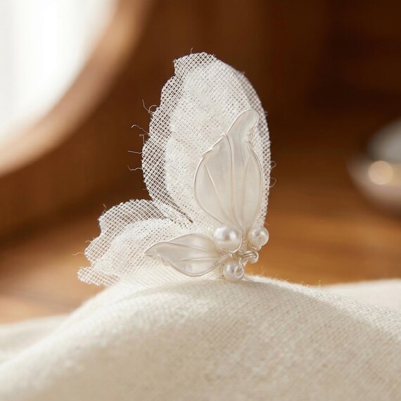 Handmade Butterfly Pearl Stud Earrings, Tulle Mesh & Resin, 925 Sterling Silver Post, Fairy Bridal Bridesmaid Jewelry, Cream Beige