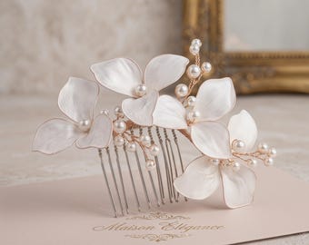 Roze bloemenparelkristal bruidshaarspeld, handgemaakte zijkam bruiloft, satijnen bloem bruidsmeisje balhaaraccessoire