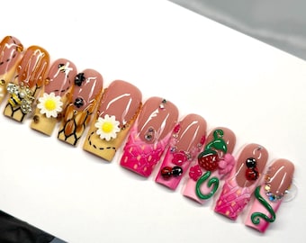Honeycomb & Strawberry Garden Nails | 3D Bees, Flowers, Ladybugs, Rhinestones, Honey Drip