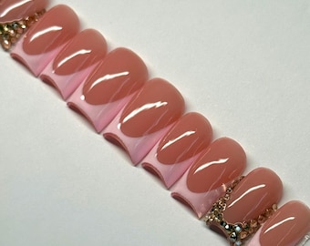Soft Pink French Tip Nails | Gold Rhinestone Accent Design