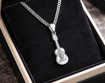 Guitar Necklace, Sterling Silver Guitar Pendant Necklace, Music Lover Gift, Acoustic Guitar Charm Necklace, Gift for Guitarist, instrument