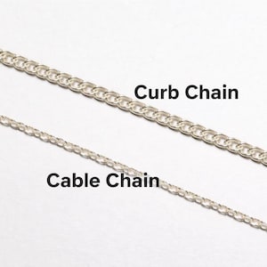 May include: Two silver chains, a curb chain and a cable chain, are displayed against a white background. The text "Curb Chain" and "Cable Chain" are printed in black.