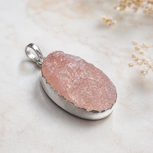 Natural Rose Quartz Sterling Silver Pendant, Oval Pink Gemstone Necklace,Large Rose Quartz Pendant, Rose Quartz Jewelry, January Birthstone