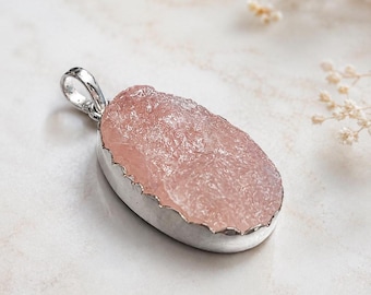 Natural Rose Quartz Sterling Silver Pendant, Oval Pink Gemstone Necklace,Large Rose Quartz Pendant, Rose Quartz Jewelry, January Birthstone