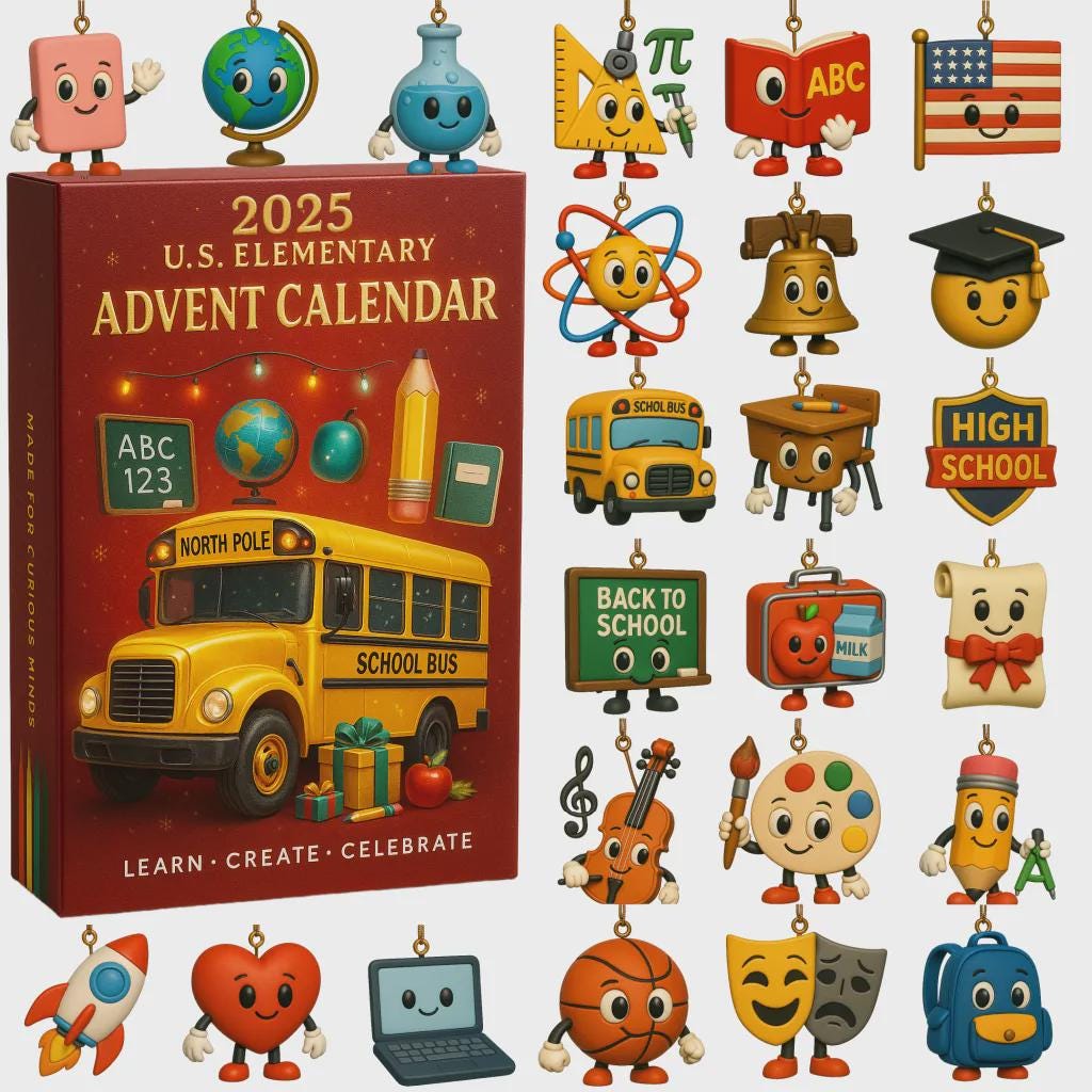Discover U.S. Elementary Advent Calendar 2025, Teacher Student Gift, School Bus Education Ornament Set, Learn Create Celebrate