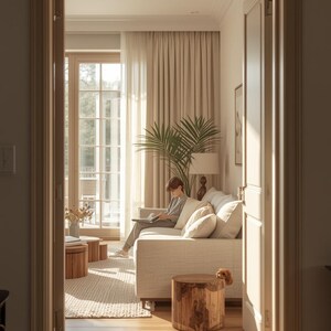 Pode incluir: Uma sala de estar ensolarada com uma paleta de cores neutras. Uma pessoa está sentada em um sofá de cor clara, lendo. Mesas laterais de madeira e um tapete adicionam textura. Uma grande janela e cortinas transparentes proporcionam luz natural.