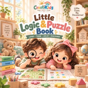 Op de afbeelding: Een spiraalgebonden Little Logic & Puzzle Book met een omslag waarop twee kinderen staan, waarvan er één een vergrootglas vasthoudt. Het boek bevat doolhof- en vormpuzzels. De tekst luidt Little Logic & Puzzle Book, Look, Think, Solve, Discover, Play Learn Grow.