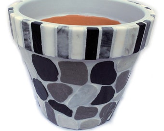 Shades of Gray Flat Pebble Mosaic Flower Pot - 8" Planter