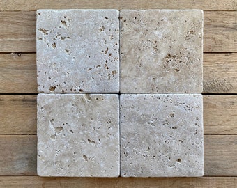 Walnut Travertine Tile Coasters, Coaster Set, Gift, Drink Coaster, Stone Coaster, Housewarming Gift, Travertine Stone Coaster, Coaster Gift