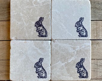 Rabbit Marble Coasters, Coaster Set, Coaster Gift, Drink Coaster, Stone Coaster, Rabbit Gift, Rabbit Decor, Bunny Coaster, Housewarming