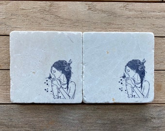 INVENTORY SALE - Girl with Butterfly Marble Tile Coasters Set of 2 - Ready to Ship
