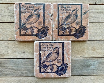 INVENTORY SALE - Sing Like No One's Listening Bird Marble Tile Coasters Set of 3 - Ready to Ship