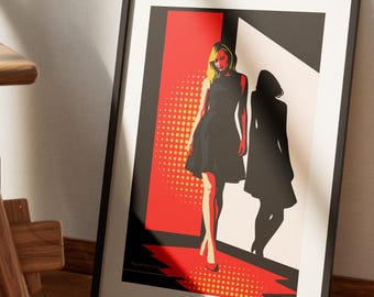 Póster Pop Art Noir, Arte mural de mujer glamurosa con sombra, Decoración retro de moda