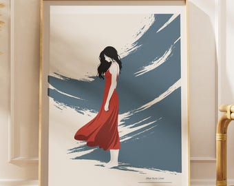 Póster minimalista de mujer con vestido rojo para pared, ilustración abstracta femenina, decoración moderna y contemporánea.