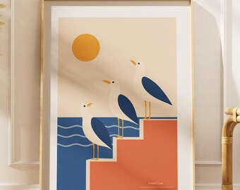 Pájaros en la orilla – Póster moderno del océano