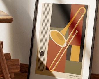 Póster de trombón Bauhaus – Lámina musical de estilo moderno de mediados de siglo