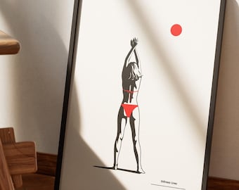 Póster figurativo minimalista, cuadro de pared de una mujer en traje de baño rojo