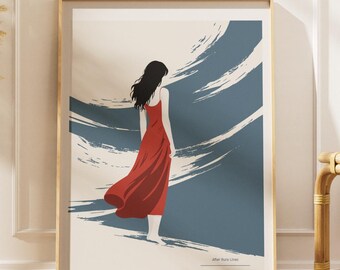 Póster de mujer con vestido rojo, ilustración de moda minimalista, elegante decoración de pared.