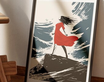 Lámina artística Mujer con vestido rojo en medio de una tormenta, póster de resiliencia y poder femenino