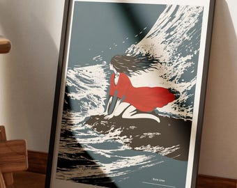 Dramatic Woman Red Dress Poster, Storm Ocean Wall Art, Resilience Symbolism Decor