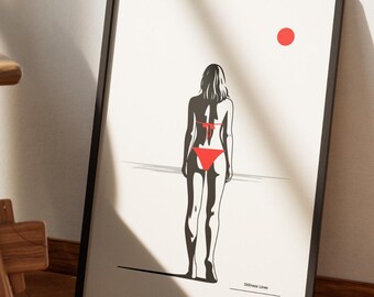 Póster figurativo minimalista, Mujer frente al mar, Ilustración moderna en rojo y negro