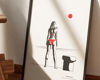 Cuadro minimalista con figura femenina, estampado de silueta moderna en bikini.