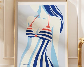 Figura femenina minimalista a rayas para pared, póster abstracto azul, decoración costera.