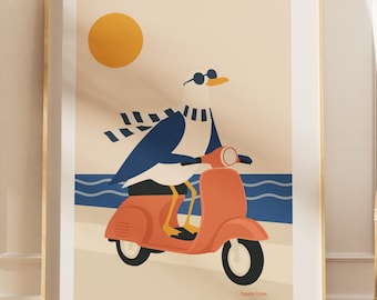 Gaviota en patinete – Póster retro costero