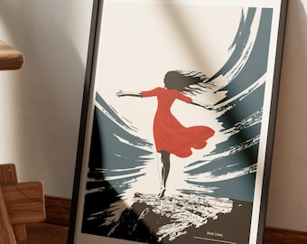 Póster de Mujer con Vestido Rojo, Arte Abstracto Viento Costero, Decoración de Pared con Energía Femenina