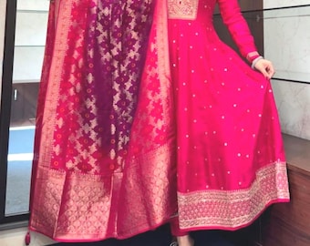 Hot Pink Anarkali Kurta Set, Banana Silk, Banarasi Dupatta, Golden Zari Embroidery,