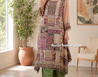 Beige Floral Printed Suit  Kurta Palazzo with Dupatta, Summer Casual Salwar Kameez Outfit
