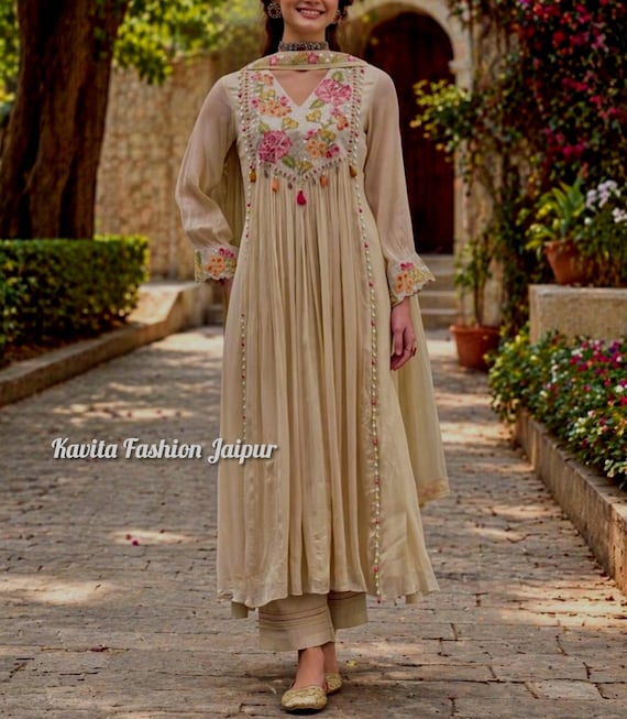 a line indian dress for women Long Cotton Kurti Set l Flair Party Wear with Dupatta col-clothing A-Line Simple Modest Satin Color:brown PRODUCT DETAILS