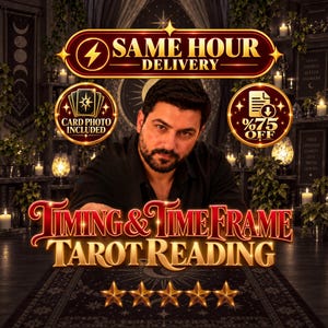 May include: A digital graphic for a Timing & Timeframe Tarot Reading featuring a person in a black shirt. The image includes text stating Same Hour Delivery, Card Photo Included, and 75% Off, with five gold stars at the bottom on a dark background.