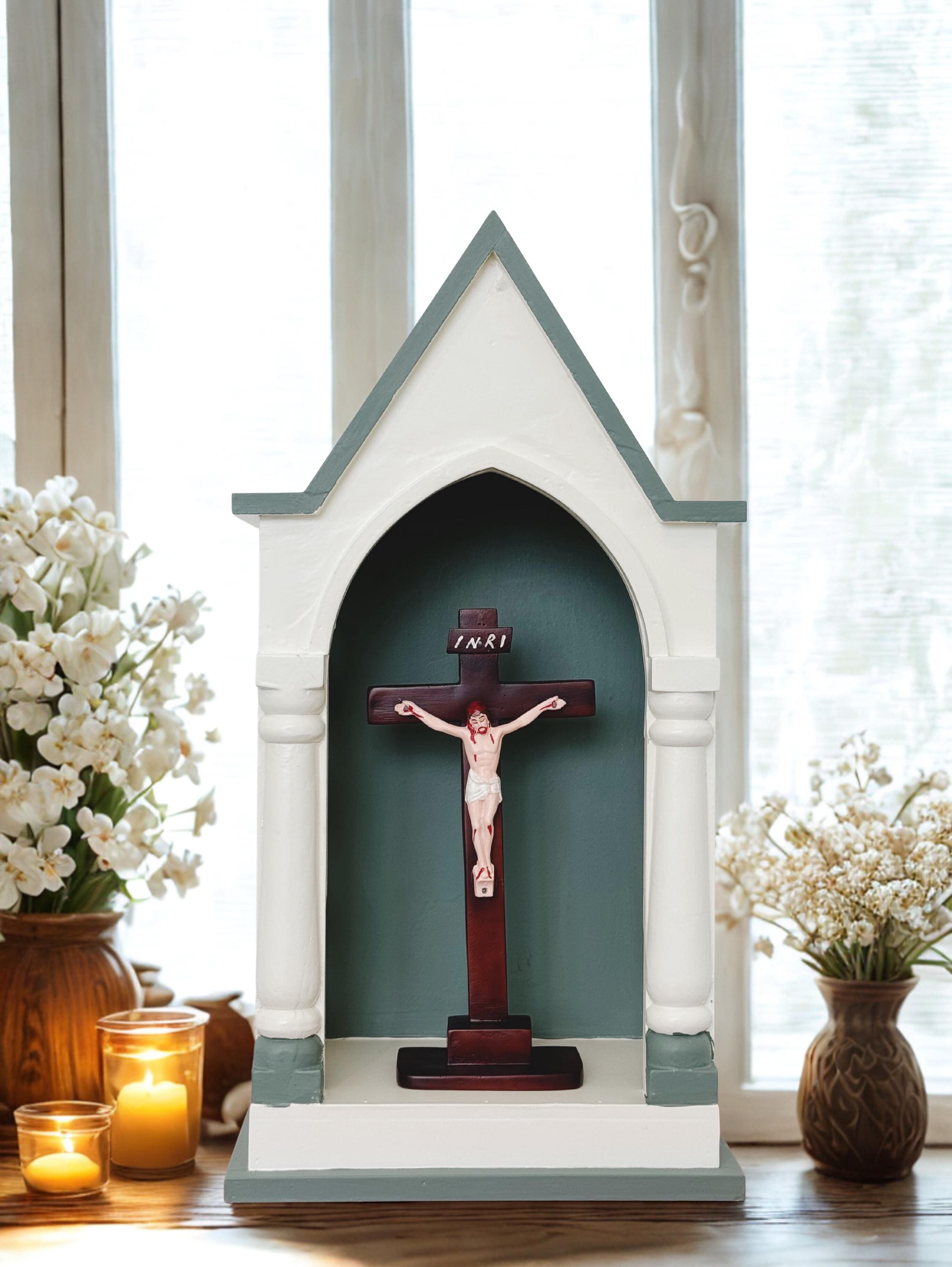 Handmade Mini Catholic Church Shrine With Crucifix - Home Altar
