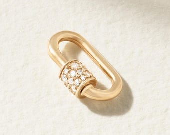 14K Solid Gold Diamond Pave Carabiner: Charm Pendant Connector