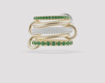 Natural Diamond Pave Interlocking Ring: 14K Solid Gold Multi Band link Ring