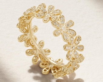 Anel Eternidade Flor de Margarida em Ouro Maciço 14K • Aliança de Casamento Floral com Diamantes